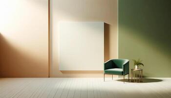 AI Generated white color wall mock-up in warm tones, featuring a green armchair and minimal decoration photo