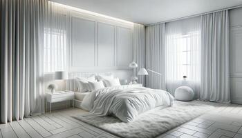 AI Generated A modern bedroom in a contemporary home, designed with an all-white color scheme. The bedroom features a large bed with plush white bedding photo