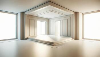 AI Generated showing a three-dimensional render of an empty, unfurnished room. The focus should be on the room's dimensions and structure photo