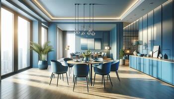 AI Generated interior design of a spacious blue dining room with a table and chairs in a modern, illuminated apartment photo
