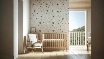 AI Generated interior of a spacious nursery in a contemporary white apartment, featuring a wooden crib and an empty chair photo