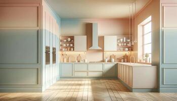 ai generado interior de un contemporáneo casa cocina en pastel colores. el escena debería representar un moderno y elegante cocina diseño foto