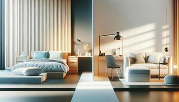 AI Generated featuring a comfortable bed next to a desk and sofa with a bright floor. The scene should depict a harmonious and functional photo