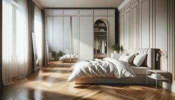 AI Generated interior of a contemporary bedroom with a comfortable bed on a wooden parquet floor, placed near a white wardrobe photo