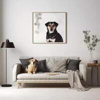 ai generado elegante y escandinavo vivo habitación interior de moderno Departamento con gris sofá, diseño de madera cómoda, negro mesa, lámpara, abstrac pinturas en el pared. hermosa perro acostado en el sofá foto