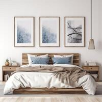 AI Generated Rustic wooden bed with blue pillows and two bedside cabinets against white wall with three posters frames. Farmhouse interior design of modern bedroom photo