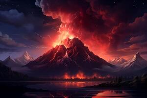 AI Generated An active volcano spewing hot lava all around in Iceland. Fagradalsfjall Volcano photo