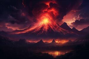 AI Generated An active volcano spewing hot lava all around in Iceland. Fagradalsfjall Volcano photo