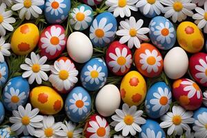 AI Generated above top view of multi colored painted easter eggs on the green grass with springtime daisy flowers photo