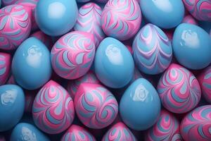 AI Generated Blue and Pink Easter Background. Collection of Precisely organized Eggs with Heart Patterns photo