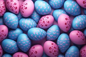 AI Generated Blue and Pink Easter Background. Collection of Precisely organized Eggs with Heart Patterns photo