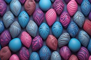 AI Generated Blue and Pink Easter Background. Collection of Precisely organized Eggs with Heart Patterns photo