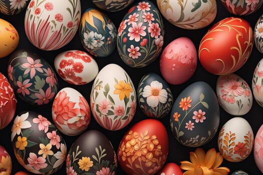 AI Generated Collection of Precisely arranged Eggs with Floral Patterns. Multicolored Easter Background photo