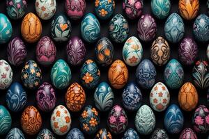 AI Generated Collection of Precisely arranged Eggs with Floral Patterns. Multicolored Easter Background photo