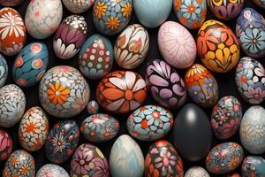 AI Generated Collection of Precisely arranged Eggs with Floral Patterns. Multicolored Easter Background photo