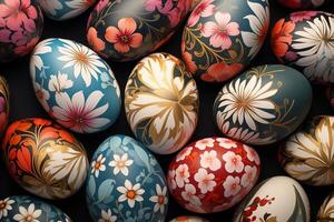 AI Generated Collection of Precisely arranged Eggs with Floral Patterns. Multicolored Easter Background photo