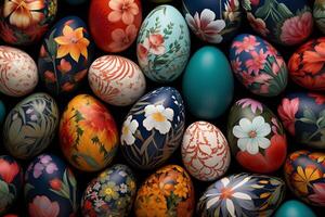 AI Generated Collection of Precisely arranged Eggs with Floral Patterns. Multicolored Easter Background photo