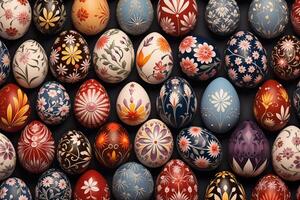 AI Generated Collection of Precisely arranged Eggs with Floral Patterns. Multicolored Easter Background photo