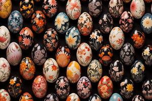 AI Generated Collection of Precisely arranged Eggs with Floral Patterns. Multicolored Easter Background photo