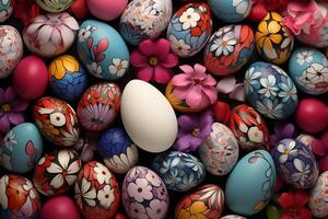 AI Generated Collection of Precisely arranged Eggs with Floral Patterns. Multicolored Easter Background photo