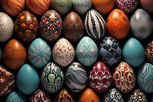 AI Generated Collection of Precisely arranged Eggs with Floral Patterns. Multicolored Easter Background photo