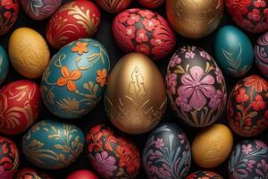 AI Generated Collection of Precisely arranged Eggs with Floral Patterns. Multicolored Easter Background photo