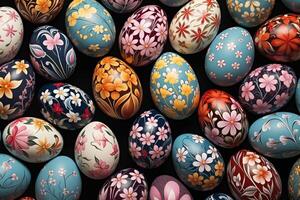 AI Generated Collection of Precisely arranged Eggs with Floral Patterns. Multicolored Easter Background photo
