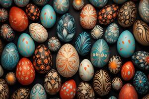 AI Generated Collection of Precisely arranged Eggs with Floral Patterns. Multicolored Easter Background photo