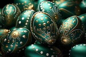 AI Generated Colourful and funny Easter eggs decoration, emerald green, gold and white photo