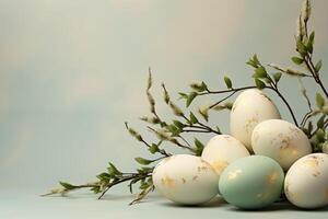 AI Generated Composition with Easter eggs and green branches on beige background photo