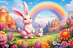 ai generado crear un estilo de dibujos animados Pascua de Resurrección antecedentes con caprichoso conejitos y huevos, en contra un fondo de un arco iris cielo y floreciente flores foto