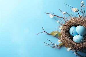 AI Generated Easter background with Easter eggs in bird nest on blue background photo