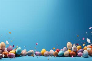 AI Generated Easter banner background with colorfully decorative eggs, soft small feathers on blue background photo