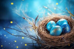 AI Generated Easter background with Easter eggs in bird nest on blue background photo