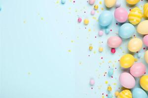 AI Generated Easter decor concept. Top view photo of yellow pink blue easter eggs and sprinkles on isolated pastel blue background with blank space in the middle