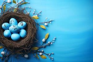 AI Generated Easter background with Easter eggs in bird nest on blue background photo