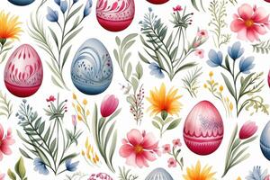 AI Generated Easter egg seamless pattern on white background. Watercolor colorful eggs, spring flowers, and foliage. Holiday print photo