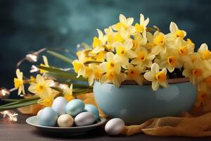 AI Generated Easter holiday celebration banner greeting card banner with easter eggs in a bowl and yellow daffodils flowers on table photo