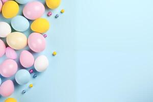 AI Generated Easter party concept. Top view photo of easter bunny ears white pink blue and yellow eggs on isolated pastel blue background