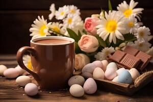 AI Generated Easter hot chocolate with chocolate bunny rabbits. easter eggs and marshmallow, wooden background with spring flowers copy space photo