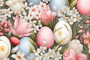 AI Generated Easter seamless pattern with flowers and eggs, pastel colors, seasonal design photo