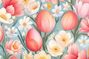 AI Generated Easter seamless pattern with flowers and eggs, pastel colors, seasonal design photo