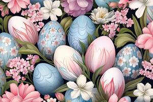 AI Generated Easter seamless pattern with flowers and eggs, pastel colors, seasonal design photo