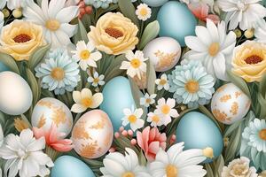 AI Generated Easter seamless pattern with flowers and eggs, pastel colors, seasonal design photo