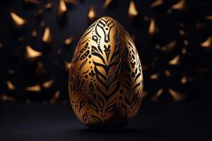 ai generado que cae lujo dorado 3d Pascua de Resurrección huevo con modelo en negro antecedentes. 3d representación contento Pascua de Resurrección lujo antecedentes con dorado y negro huevos foto