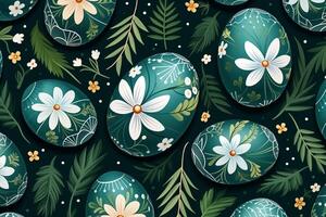 AI Generated Green easter eggs, leaves and flowers. Seamless festive spring pattern. Happy and positive wrapping or background for your holiday goods photo
