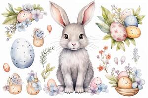 AI Generated Hand drawn watercolor happy easter set with bunnies design. Rabbit bohemian style, isolated boho illustration on white photo