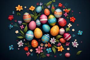 AI Generated Happy easter text design. Easter greeting card with colorful and pattern eggs for spring holiday season background photo