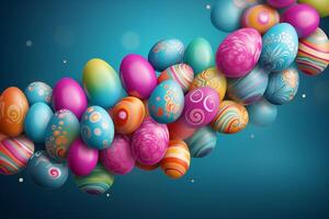 AI Generated Happy easter text design. Easter greeting card with colorful and pattern eggs for spring holiday season background photo