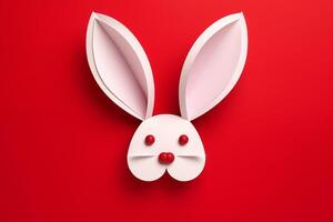 AI Generated Happy Easter greeting card with white paper cut Easter Bunny Ears isolated on a red background photo